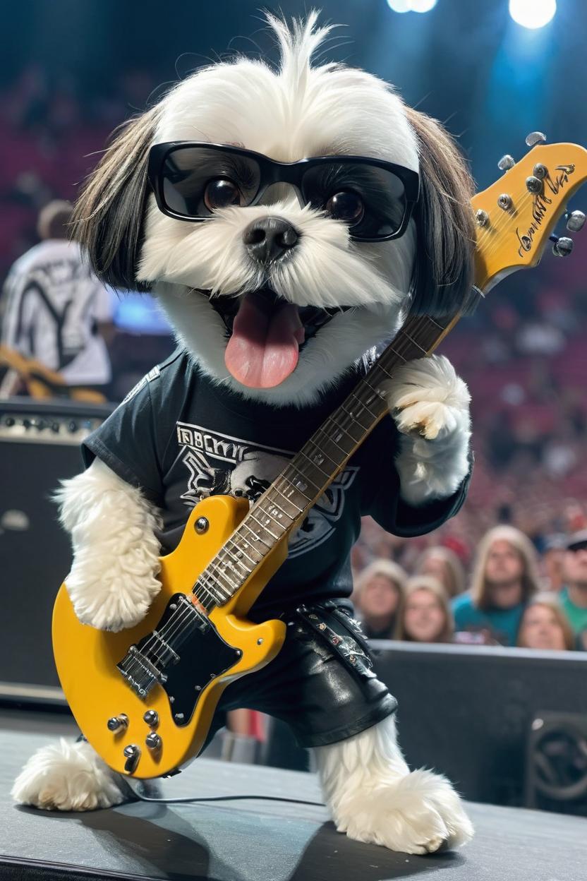 Artificial Intelligence (AI) generated image art, dog playing electric guitar like a human on stage with a rock band in a giant stadium