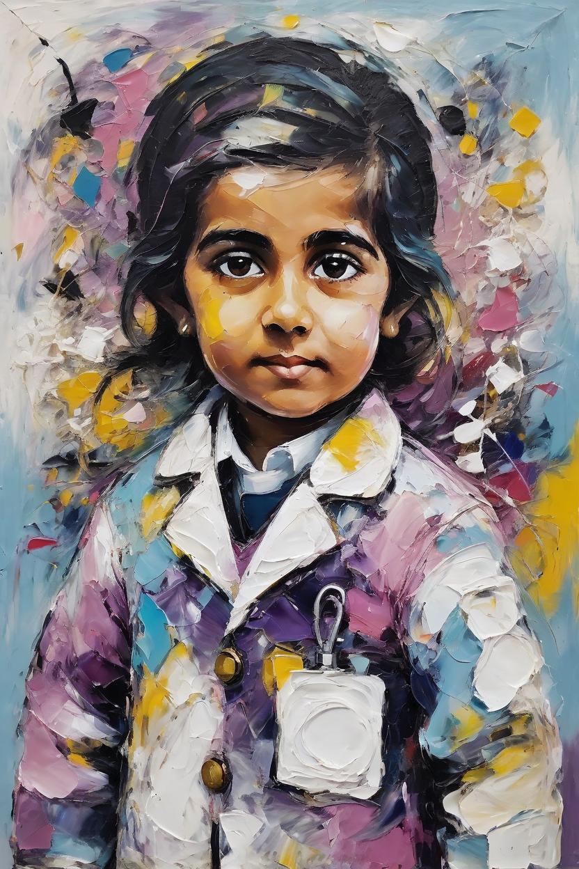 Artificial Intelligence (AI) generated image art, woman, child, as a doctor, oil painting by Jackson Pollock, abstract, colorful (using only white, pink, light blue, purple, yellow), artistic, asymmetrical, abstract, should be complete oil painting