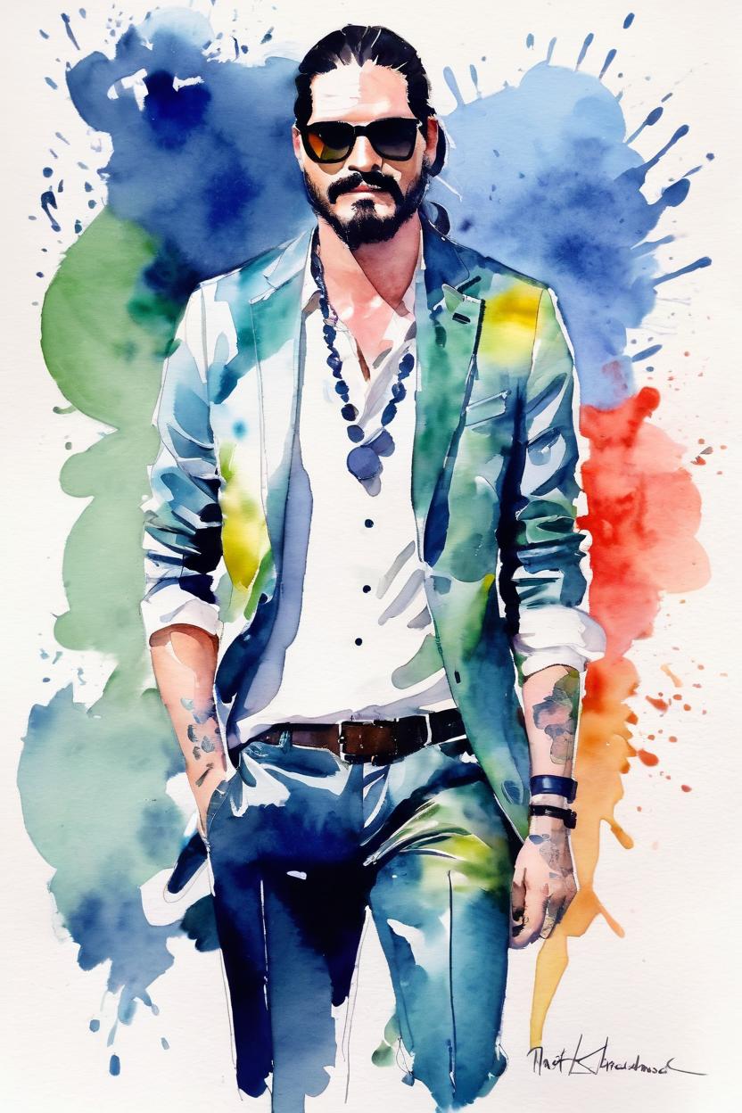 Artificial Intelligence (AI) generated image art, man, watercolor, fashion illustration, style of matt richards, (matt richards)