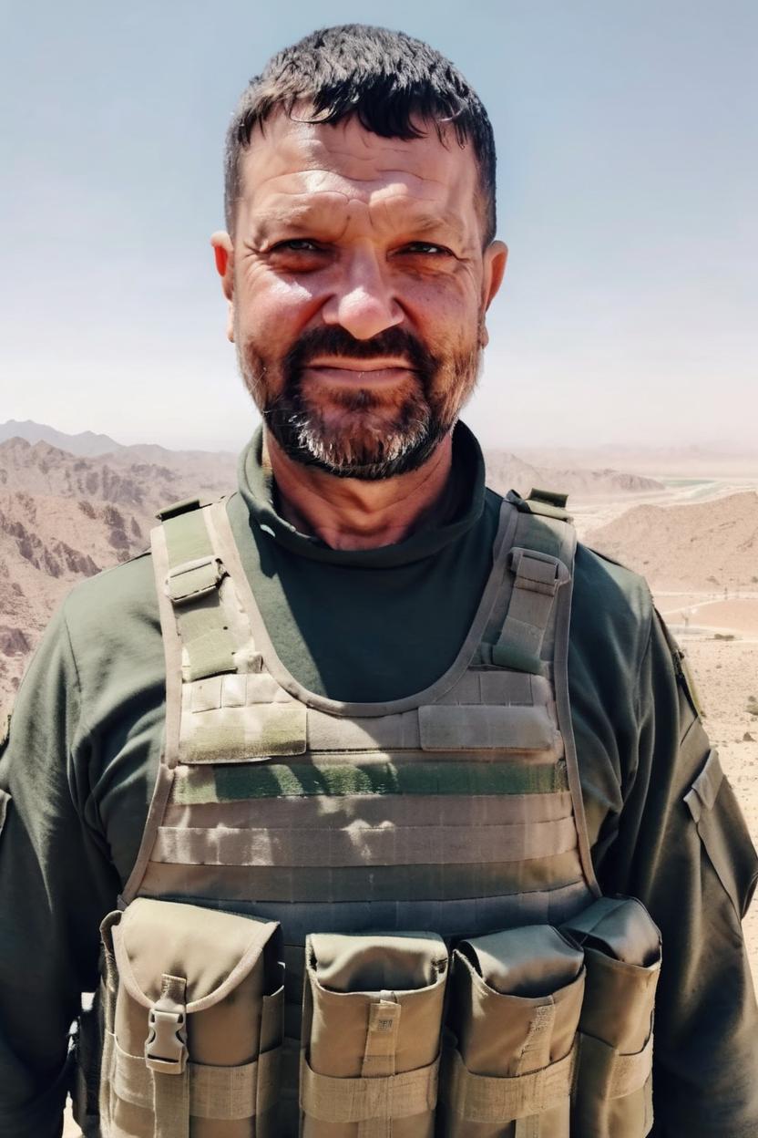Artificial Intelligence (AI) generated image art, man, an armed special forces soldier, portrait, mountainous Arabian desert background