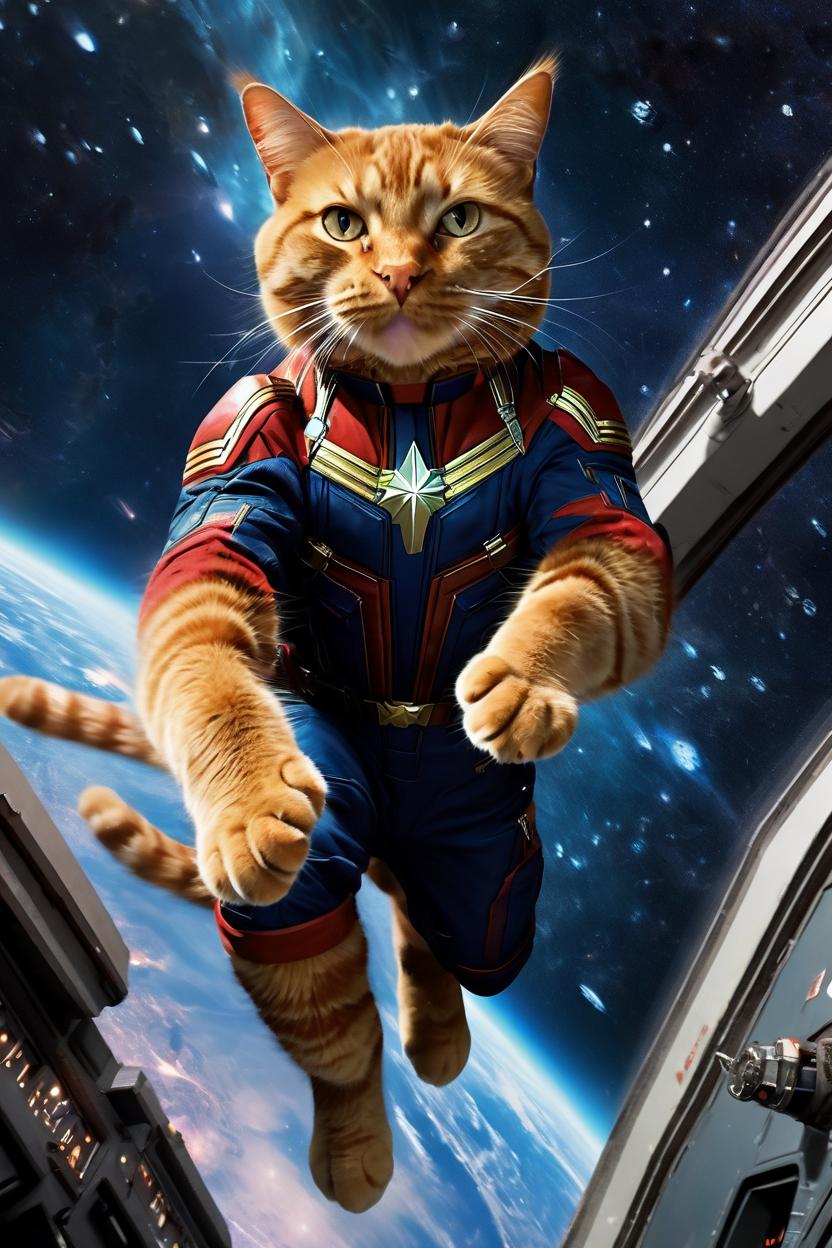 Artificial Intelligence (AI) generated image art, cat, as Marvel's original male Captain Marvel flying thru interstellar space, photorealistic