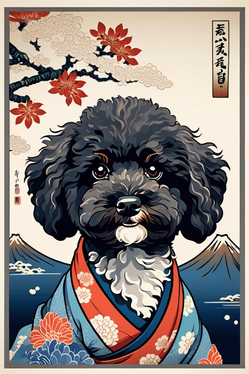 Artificial Intelligence (AI) generated image art, portrait of a cute dog, ukiyo-e style