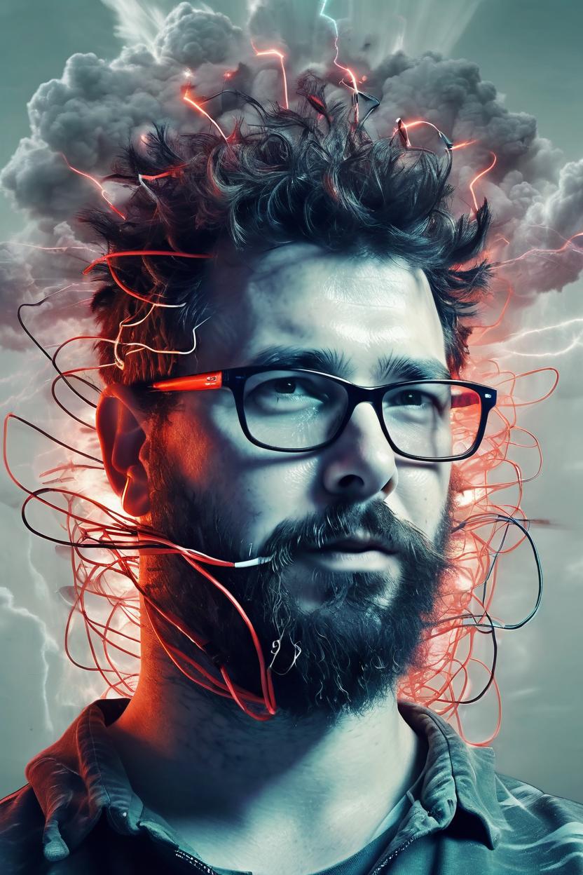 Artificial Intelligence (AI) generated image art, tech exploding out a man head, cables, monitors, chips, neon, cybernaut mind, expressive creative art, surrealistic concept art, ethereal landscape in a cloud of code coming out the top of a human head, incredible details, high-quality, flawless composition, masterpiece, behance, by Marco Mazzoni, ink wash, rayban glasses display matrix code in red, bush beard as cables