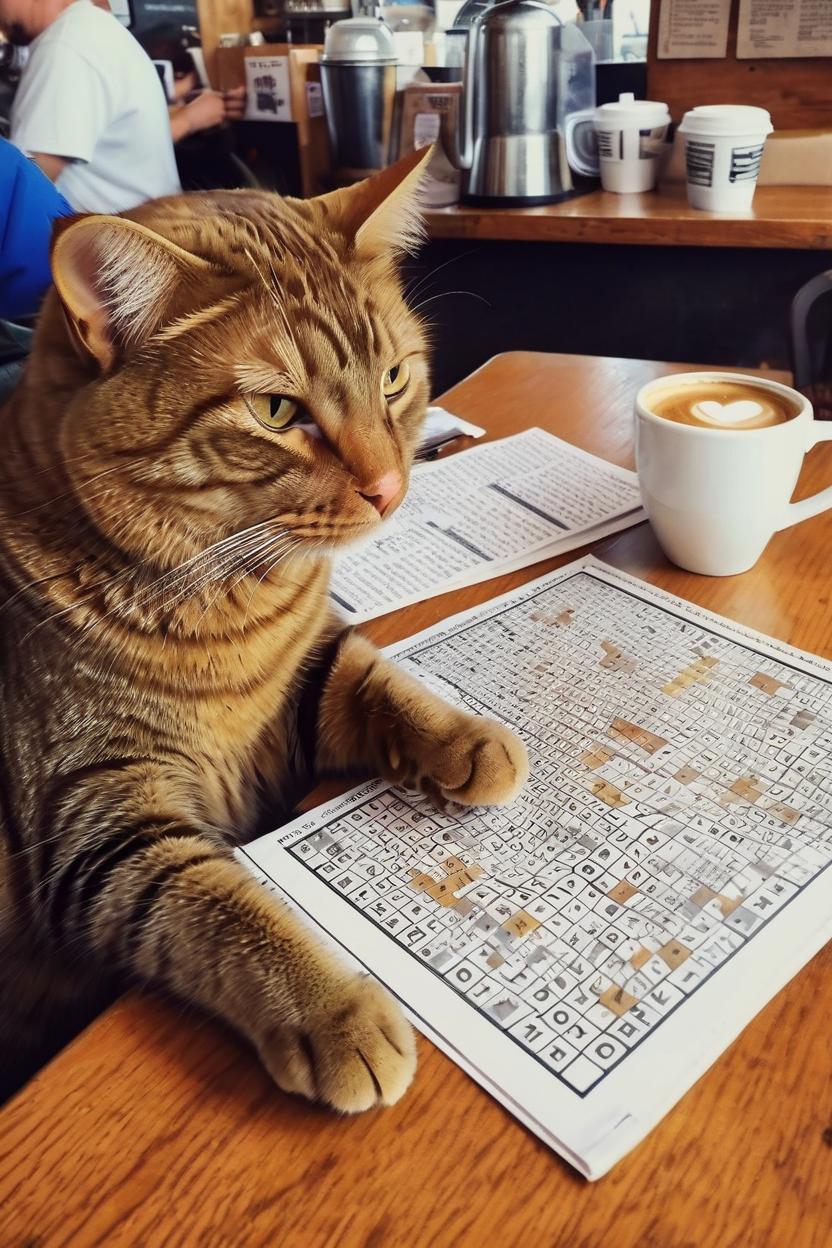 Artificial Intelligence (AI) generated image art, cat at a coffee shop doing word search puzzles, realistic