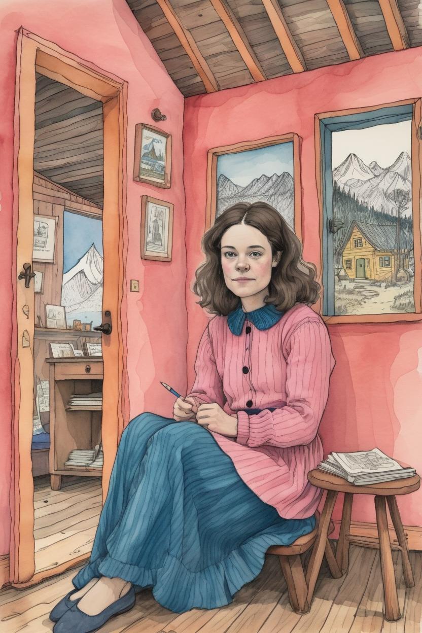 Artificial Intelligence (AI) generated image art, woman, sitting in a warm cabin, wearing pink dress, drawing Maurice Sendak, beautiful colors, naive