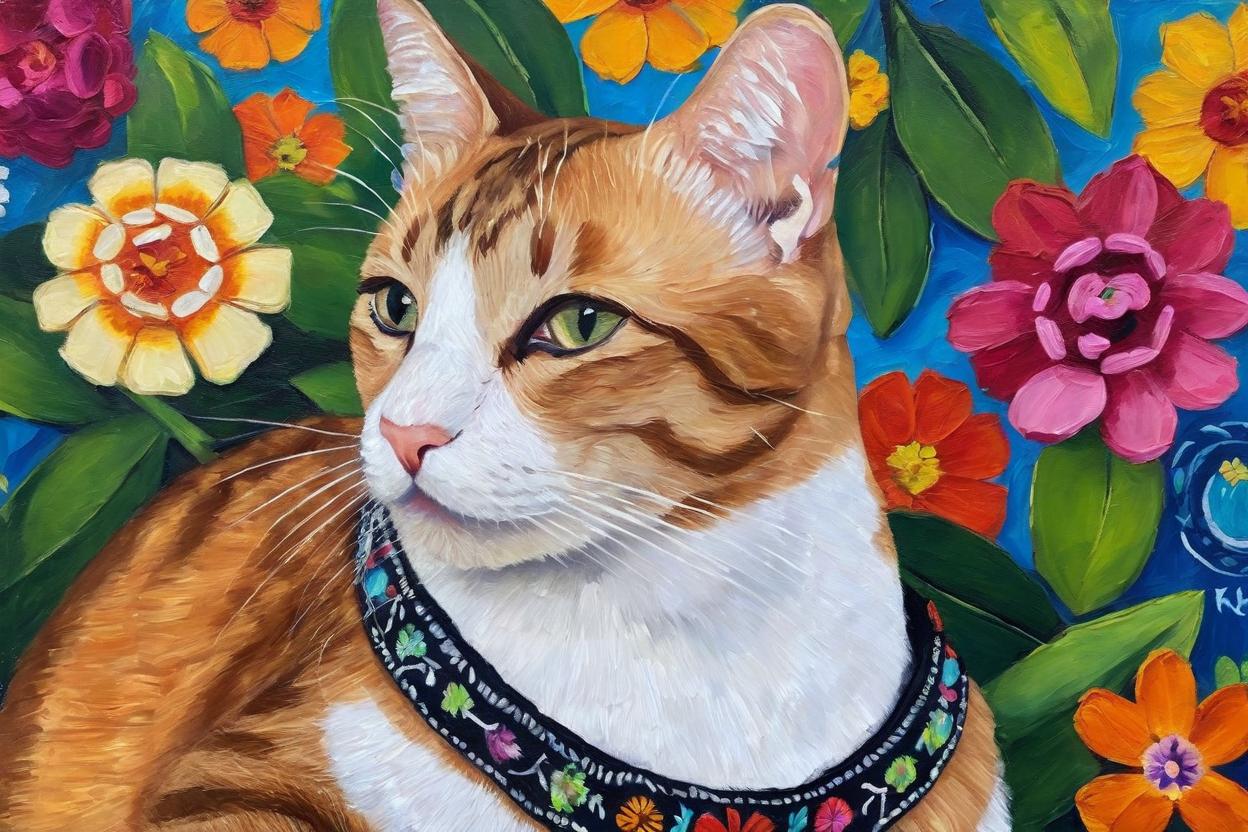 Artificial Intelligence (AI) generated image art, cat, as Frida Khalo (oil painting), with Mexican flowers background
