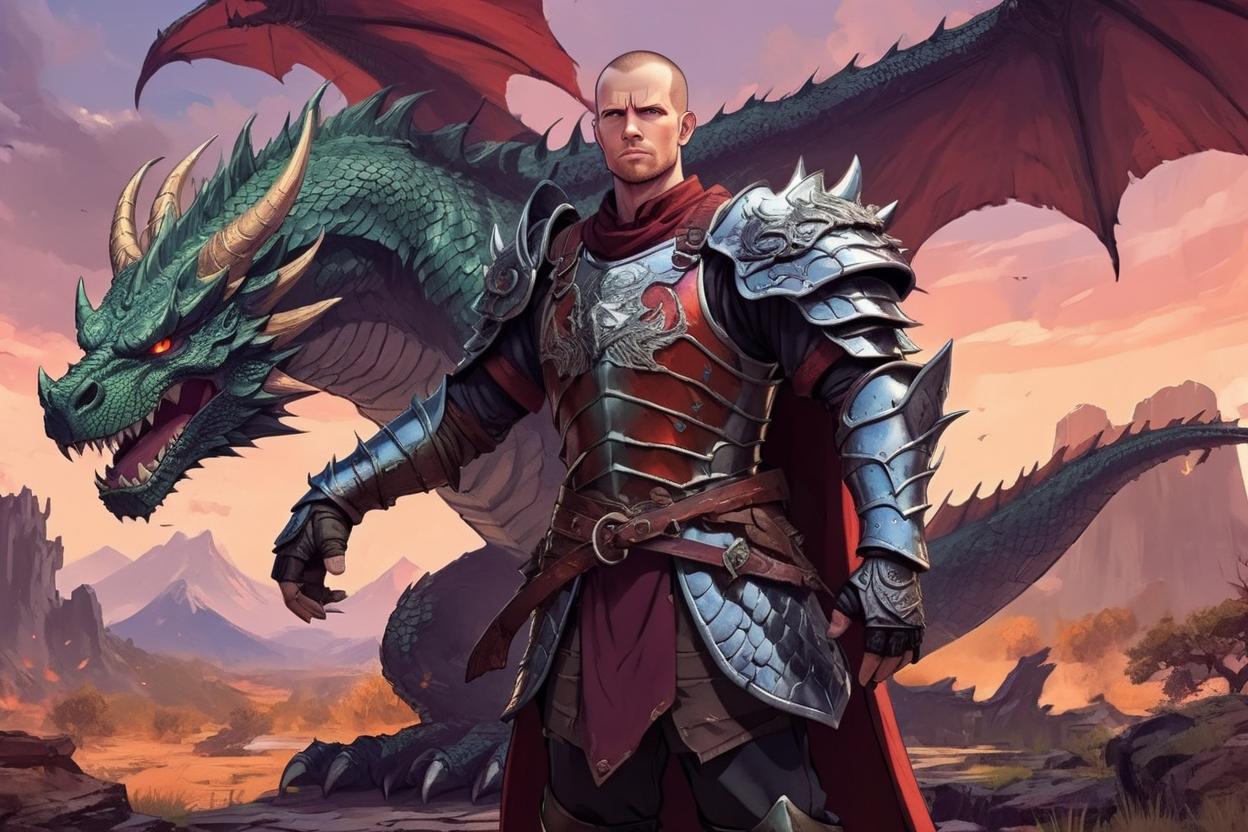 Artificial Intelligence (AI) generated image art, man in armor, standing in front of a real badass dragon, fantasy world, western anime art style