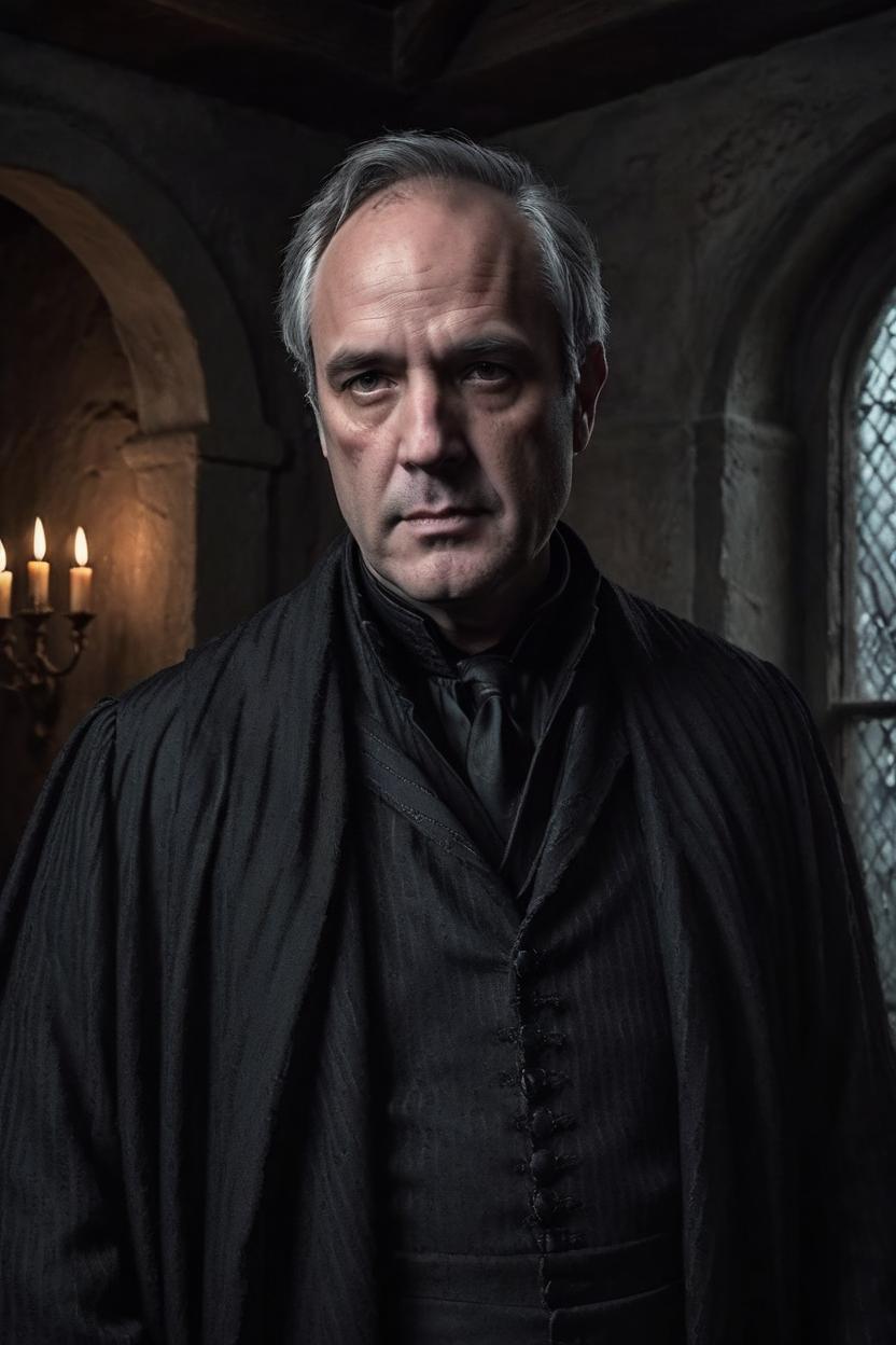 Artificial Intelligence (AI) generated image art, man, styled in a dark, brooding, and mysterious theme. The subject is dressed in a high-collared, buttoned black robe with subtle gothic details, resembling the attire of Severus Snape from Harry Potter. The setting is a dimly lit, medieval-style room with stone walls, illuminated by soft, moody light from a flickering candle in the background. The color palette emphasizes black, dark grays, and muted tones to create an intense and dramatic atmosphere. The subject's expression is serious, intellectual, and slightly enigmatic, with deep shadows adding to the mystique. The hair is sleek, dark, and shoulder-length, blending seamlessly into the aesthetic. The overall composition should capture an air of wisdom, mystery, and quiet power."