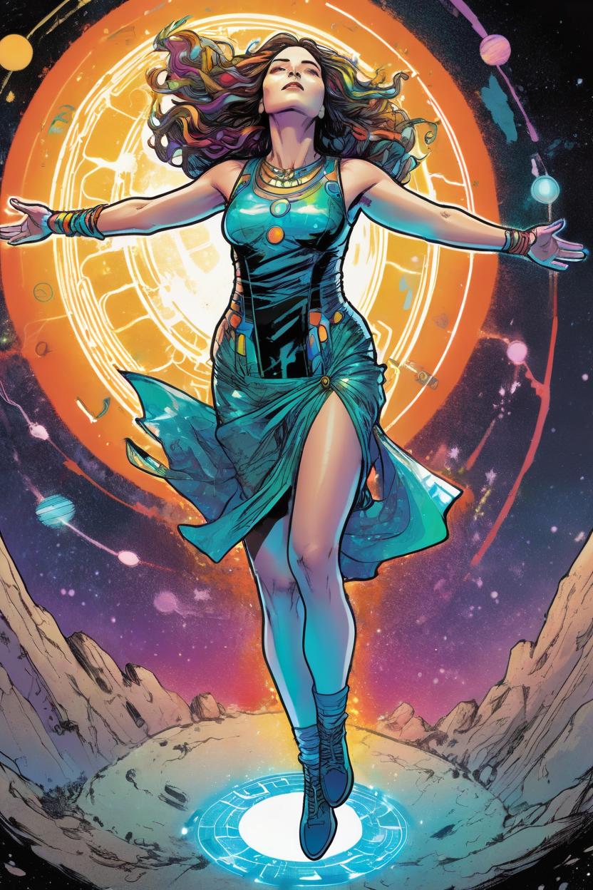 Artificial Intelligence (AI) generated image art, woman, full body comic illustration as a futuristic goddess hovering above the ground, drawing energy from the earth and radiating it out to those supplicants worshipping her style should be colorful and psychadelic