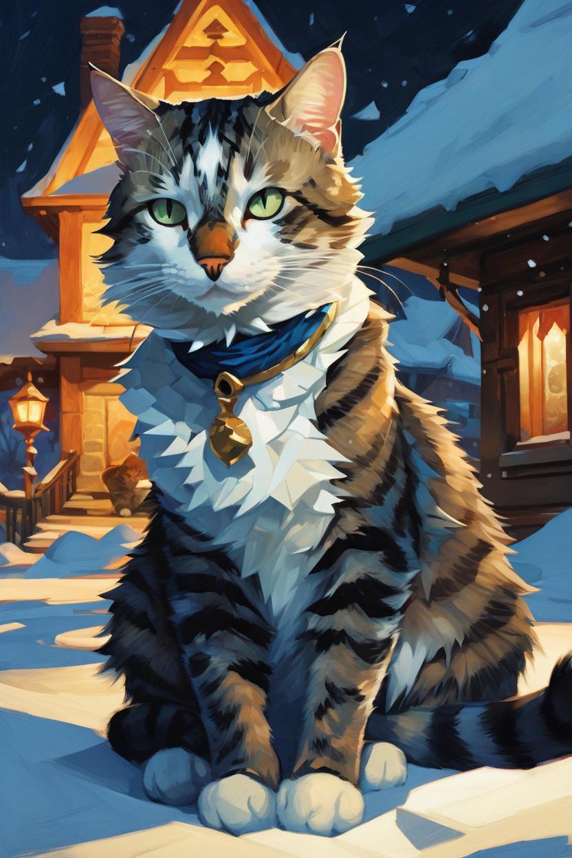 Artificial Intelligence (AI) generated image art, cat, winter night, greg manchess painting by sargent and leyendecker, fantasy, medium shot, asymmetrical, intricate, elegant, matte painting, illustration, hearthstone, by rhads, by greg rutkowski, by greg tocchini, by james gilleard, by joe fenton