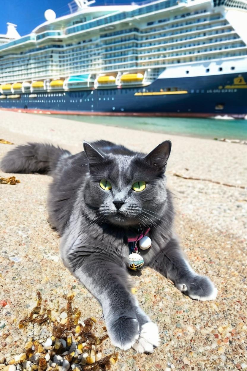 Artificial Intelligence (AI) generated image art, cat, Nebelung cat laying prone on a sunny beach with a giant royal Caribbean cruise ship visible in the distance.