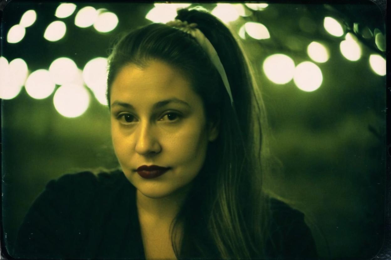 Artificial Intelligence (AI) generated image art, A sensual and dreamy photograph of woman, photorealistic, photo taken on an old Polaroid, she is sitting outside, she is photographed from a distance, there are white Christmas lights above her, ((there are dark woods in the background)), lit by bright moonlight, very detailed and natural eyes, hazel eyes, (very natural and smooth skin), she has long eyelashes, she has glossy lips, very long and thick hair, ((hair is styled in a very high ponytail)), (wide angle), cinematic lighting, a romantic atmosphere, bathed in grey light, woman is wearing a long black dress, the dress has a deep scoop neck, ((the dress has long sleeves))