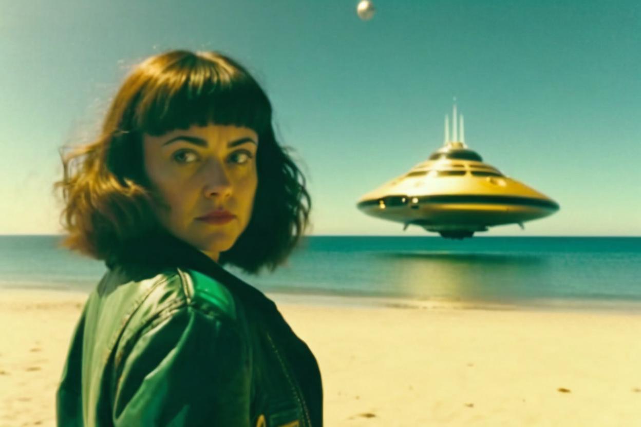 Artificial Intelligence (AI) generated image art, woman, cinematic, shot on kodak gold, standing on a beautiful beach watching as an alien spacecraft as it descends to the earth, she looks youtful maybe mid 30s