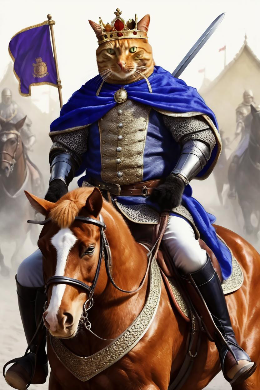 Artificial Intelligence (AI) generated image art, cat, King, royal, beans, warrior, riding horse, realistic