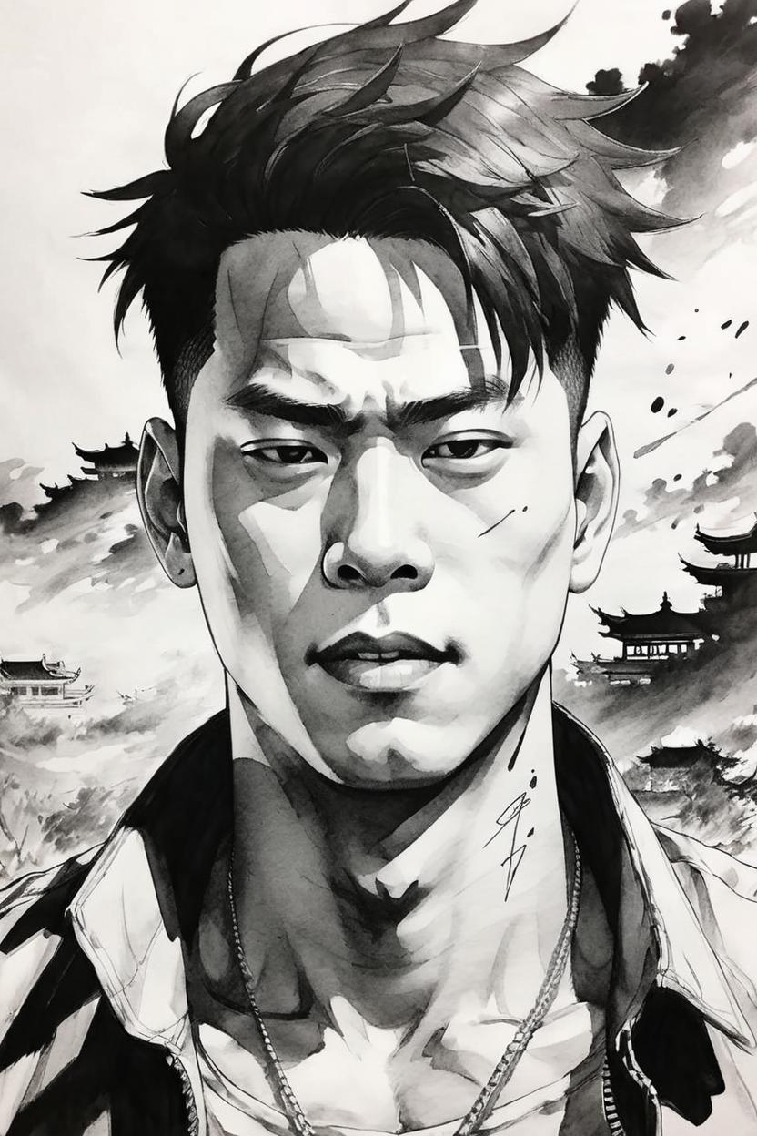 Artificial Intelligence (AI) generated image art, man, yoji shinkawa, b&w, pencil drawing, ink, manga, concept art