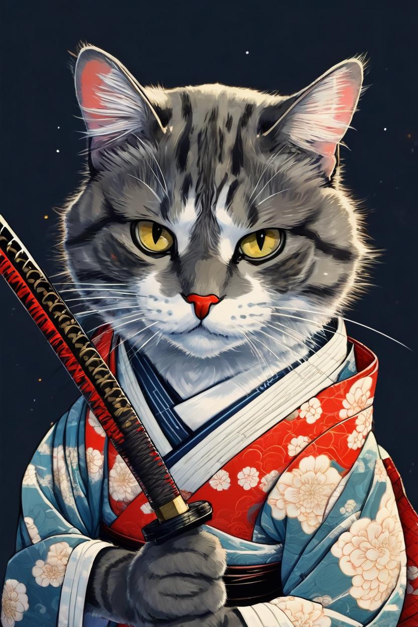 Artificial Intelligence (AI) generated image art, anthropomorphic cat samurai, kimono, katana, realistic, well lighted. Accurate to cat, ukiyo-e paintings