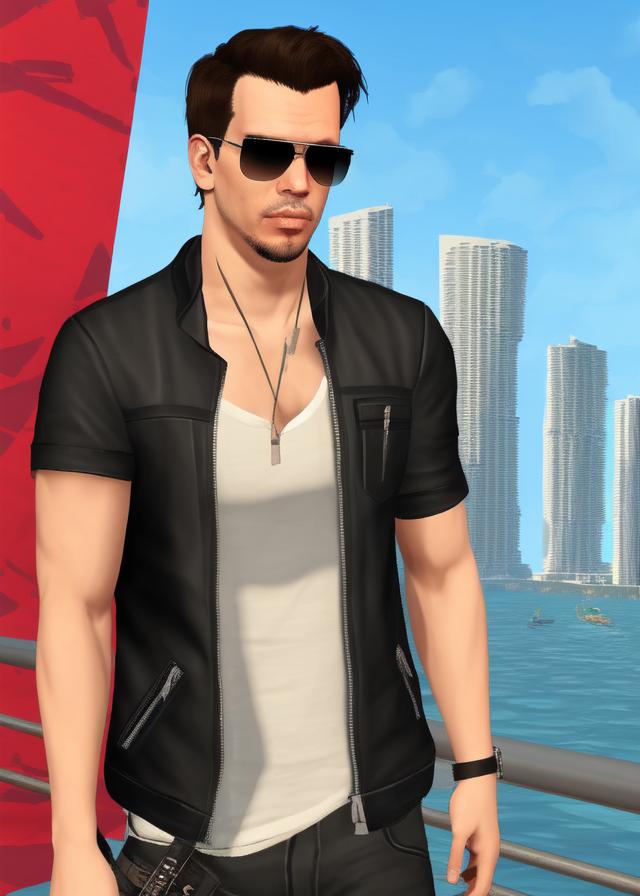 Artificial Intelligence (AI) generated image art, person, grand theft auto character style in huge aviators miami night