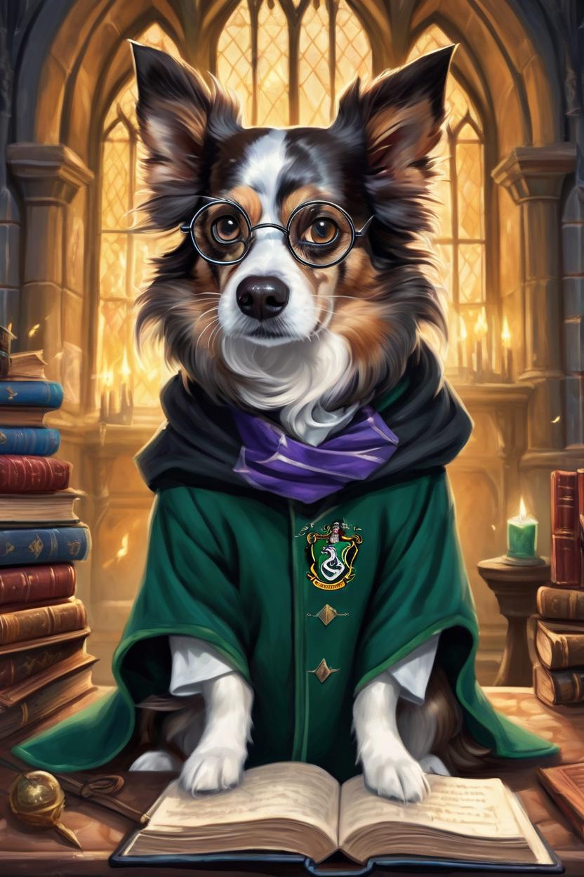 Artificial Intelligence (AI) generated image art, A painting of dog styled as a Harry Potter character, with the artistic flair of a Renaissance portrait. The dog should wear round glasses similar to Harry Potter's and a Hogwarts robe with a scarf in the colours of Slytherin. Include a wand held in a paw or tucked into the robe, and add a lightning bolt scar on the forehead for a playful homage to Harry himself. The background should suggest a magical setting, such as a candlelit Hogwarts corridor, the Great Hall, or a potion-filled classroom. Use rich lighting, intricate details, and fine brushwork to create a sophisticated, Renaissance-style magical portrait.