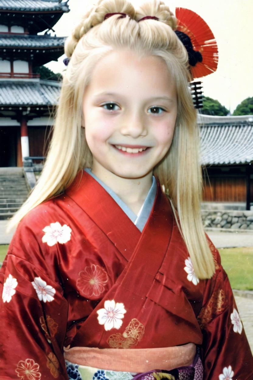 Artificial Intelligence (AI) generated image art, woman, a young beautiful girl with shoulder length blonde hair, as a Japanese geisha, dressed in a red kimono, in front of Edo castle