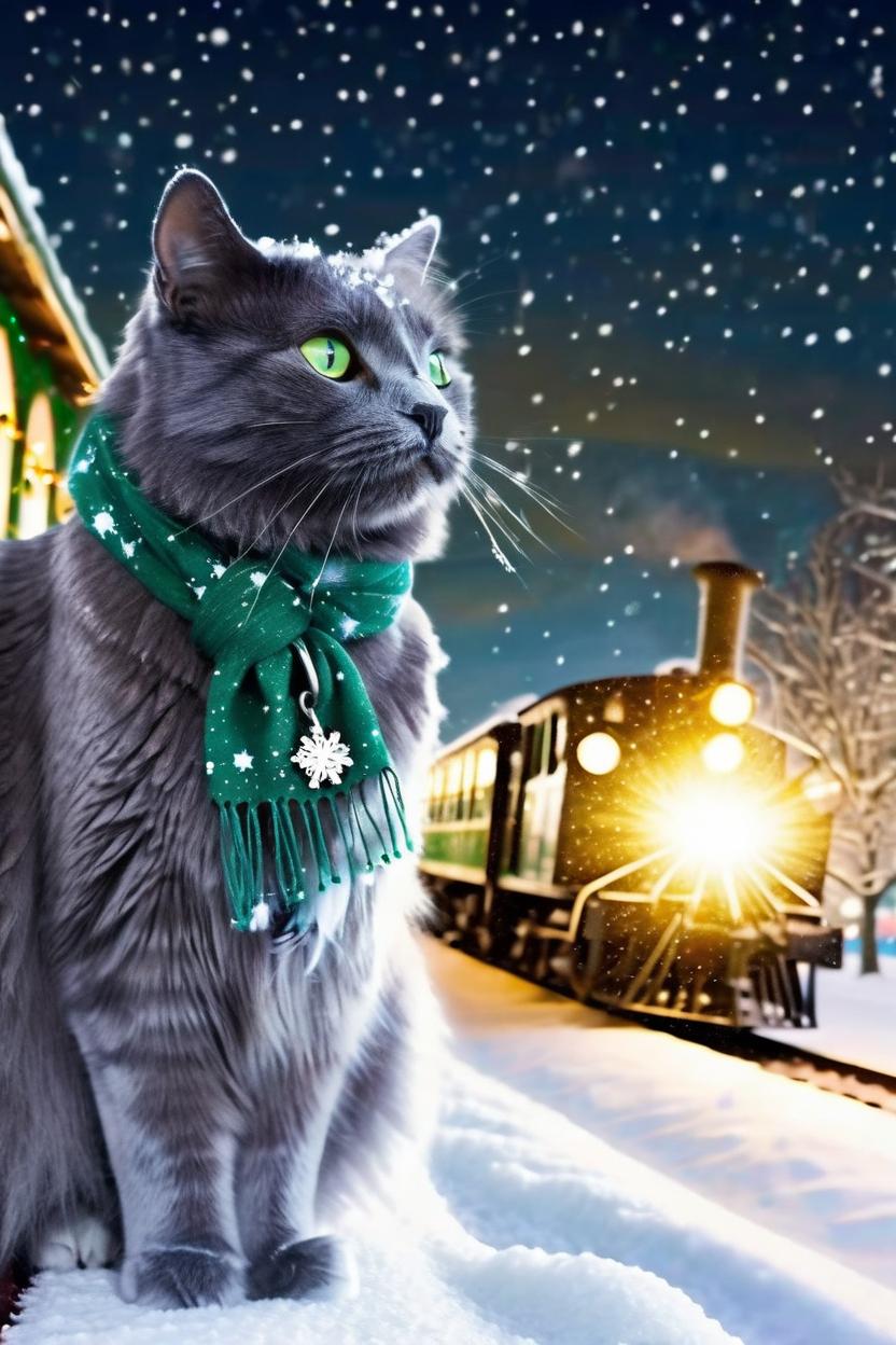 Artificial Intelligence (AI) generated image art, cat, Create a vivid image of a Nebelung cat outside in a snowy landscape with a Polar Express theme. The cat is wearing a green scarf and sitting on a train platform, with a steam train in the background adorned with Christmas lights. The scene is festive with falling snow, twinkling lights, and a starry night sky, capturing the essence of a magical Christmas adventure.