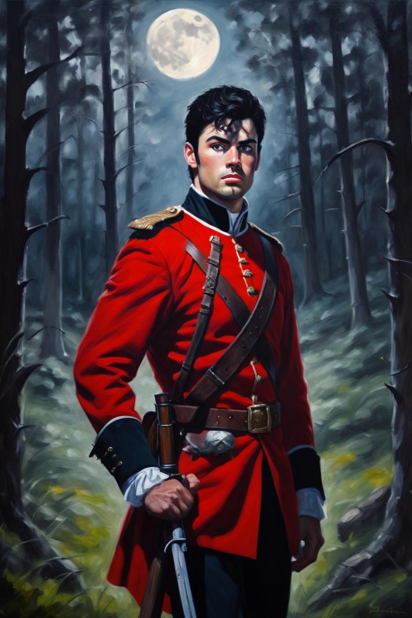 Artificial Intelligence (AI) generated image art, man standing.  As a redcoat soldier prince warrior. In deep dark forest.  Moonlight. Dark brown black hair. Dark hazel eyes.  He is armed. Musket. Muscular.  5 o’clock shadow. Home from battle. Realistic OIL PAINTING