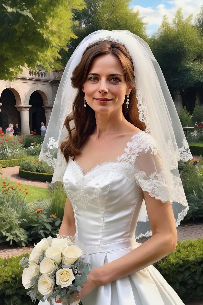 Artificial Intelligence (AI) generated image art, woman, half-body portrayal as a beautiful brown-haired bride, medium-length hair, 35 years old, wedding celebration in a baroque garden, outdoors, ultra-detailed illustration, lightly flowing wedding dress, veil, mysterious, romantic, friendly but serious expression, submissive