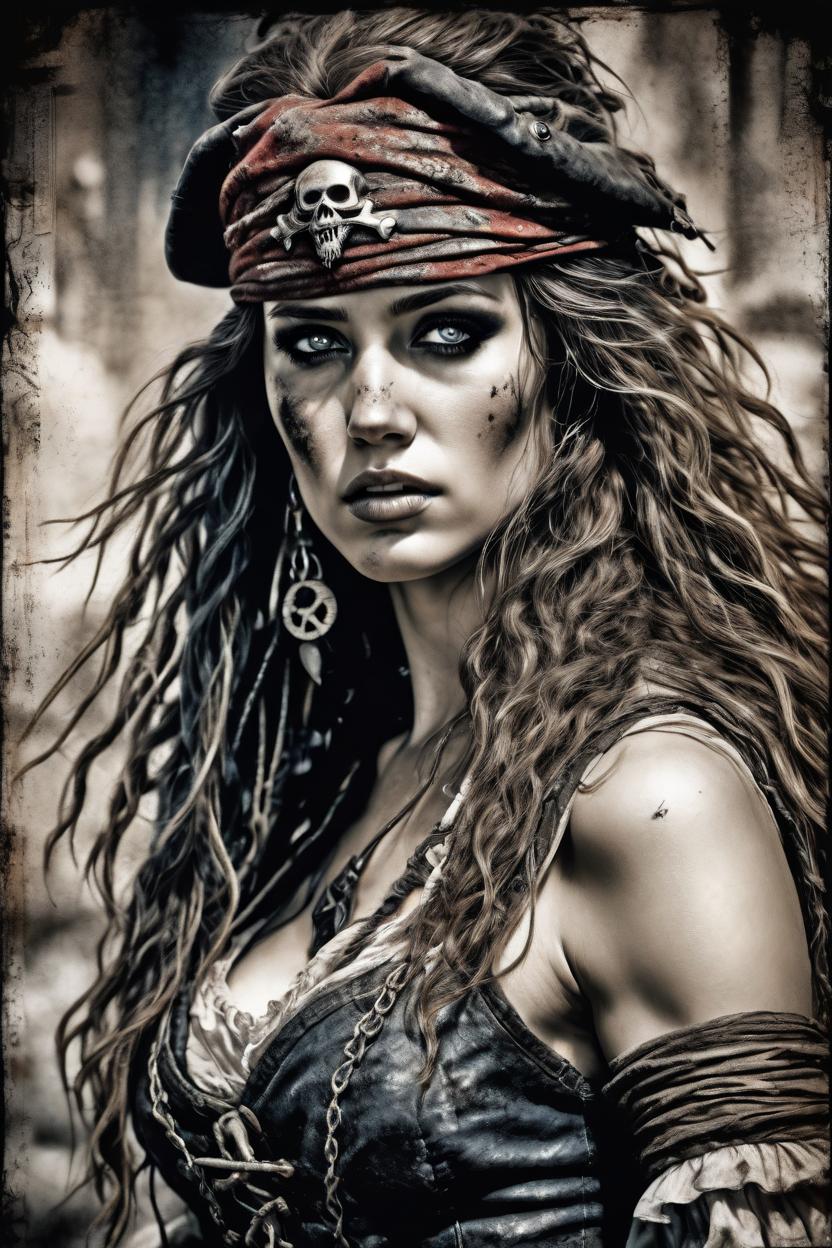 Artificial Intelligence (AI) generated image art, A very detailed ((full body view)) of woman in Luis Royo fantasy style ((small empty area above the top of the head)). A very beautiful and striking female pirate, very detailed image, open, very long hair with soft waves framing the face, with ((eerily beautiful dark but sad eyes)), dressed in dirty rags, with bare legs and feet, very detailed, Very advanced settings, 8K resolution, clear and sharp focus on all advanced details, intricately interwoven colour tones and intricate strokes, gently contrasting with elegant lines and sharp edges, advanced lithographic style, advanced film grain, bokeh and a blurred foreground and background, accompanied by advanced volumetric lithographic effects with stone wash, giving a subtle silhouette reminiscent of Jeremy Mann or Raphael Sanzio, Luis Royo or Julie Bell, against a texture suggesting maritime motifs such as coasts, harbours or antique ships, giving an advanced lithographic touch of the highest quality.