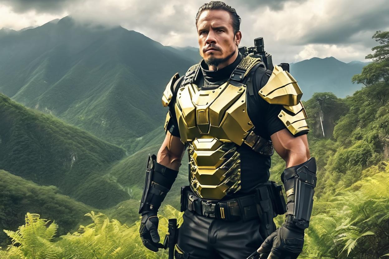 Artificial Intelligence (AI) generated image art, man, an athletic millionaire, tech savvy, armored survivalist, makeshift advanced weaponry, black and gold attire, the light-toned background highlights the lush greenery and majestic mountain drop, while capturing sharp, close details of the scene