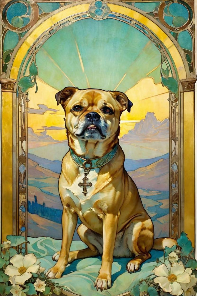 Artificial Intelligence (AI) generated image art, dog as saint, art nouveau, 1900s alphonso mucha, biblical painting