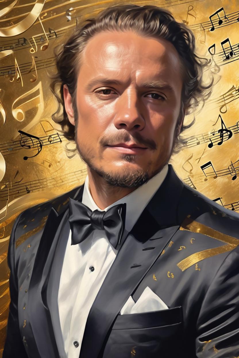 Artificial Intelligence (AI) generated image art, man, depicted as a charming and athletic virtuoso of harmony, in a flawlessly tailored suit that exudes musical elegance. The close-up showcases his serene expression against a backdrop of musical notes and golden waves, symbolizing creativity and wisdom. This classical portrait captures the harmony of his features and the subtle interplay of light and shadow, delivering a visually enchanting artwork that blends timeless elegance with melodic brilliance.