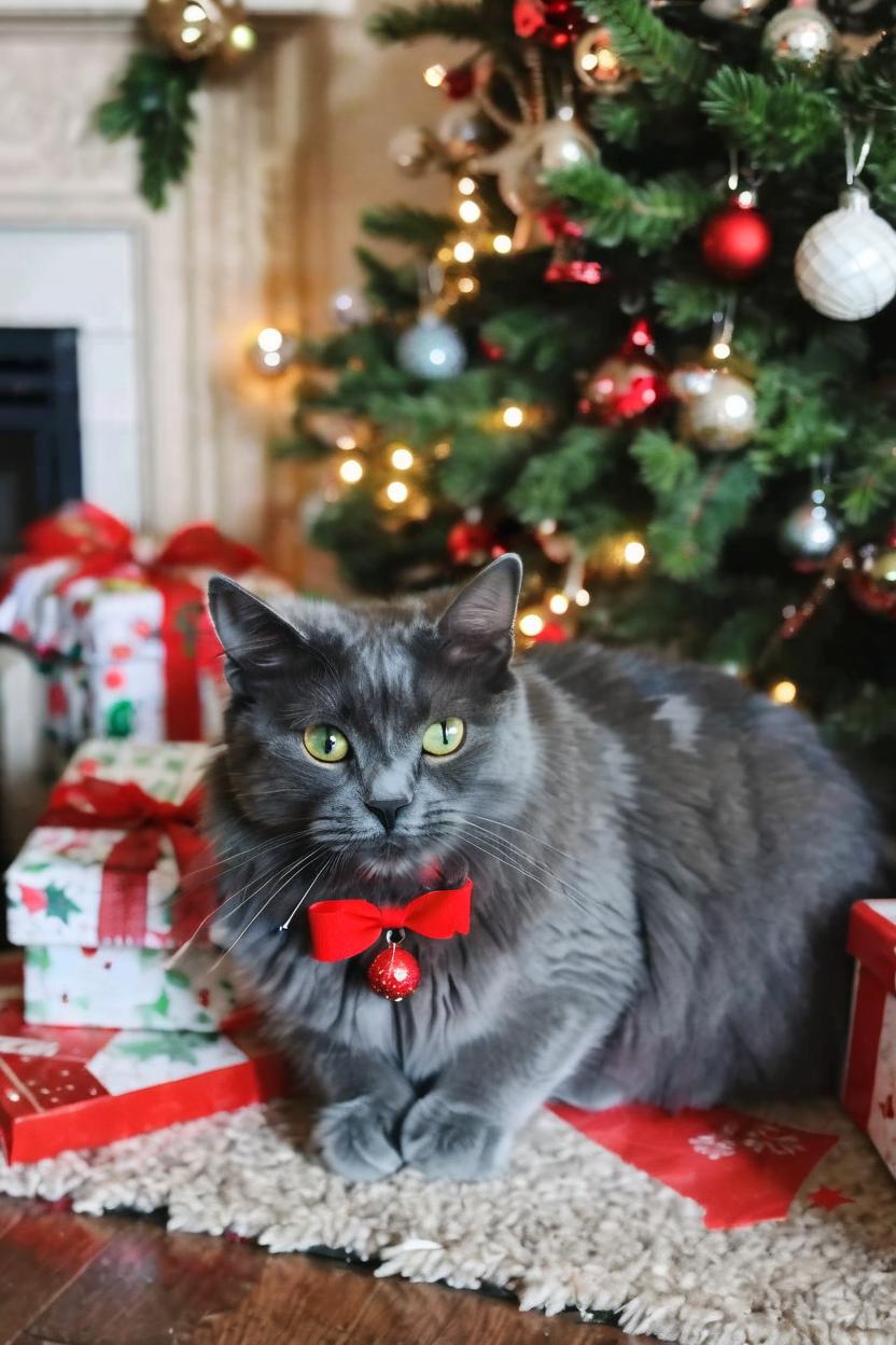 Artificial Intelligence (AI) generated image art, cat, sitting by a Christmas tree with a red bow, surrounded by gifts and festive decorations in a cozy living room