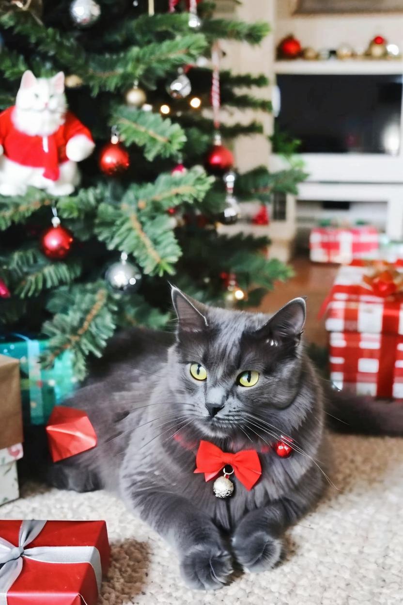 Artificial Intelligence (AI) generated image art, cat, sitting by a Christmas tree with a red bow, surrounded by gifts and festive decorations in a cozy living room