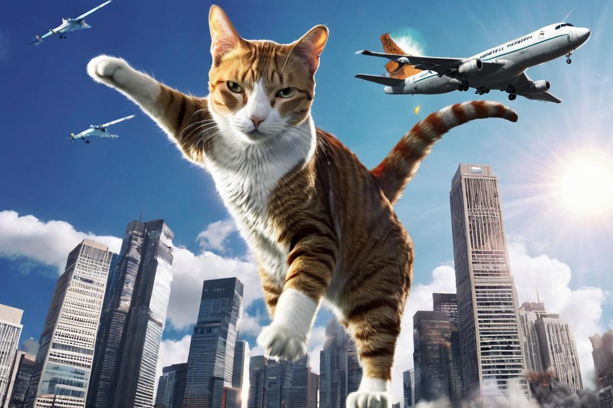 Artificial Intelligence (AI) generated image art, cat, as a Godzilla style monster, terrorizing a city, swatting planes out of the sky