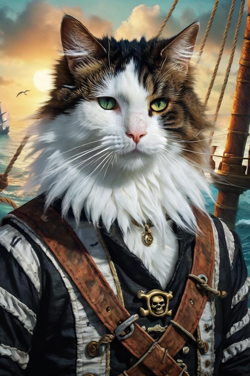 Artificial Intelligence (AI) generated image art, cat, portrait (realistic and realistic head), oceanic pirate, ship related background, eye patch,