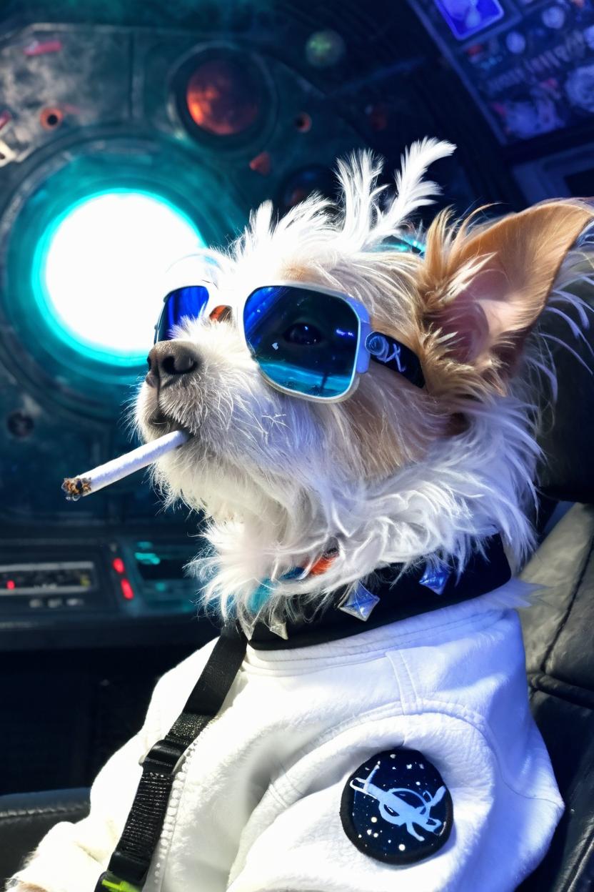 Artificial Intelligence (AI) generated image art, dog, as a space prince, in space, smoking a ciggeratte,