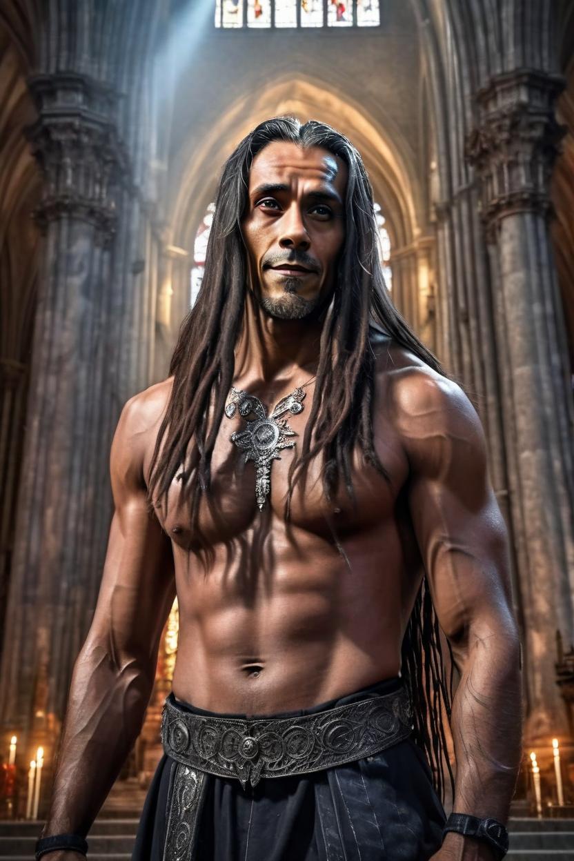 Artificial Intelligence (AI) generated image art, man, as a young handsome dark-skinned male spirit guide with long thick dreadlocks and hazel eyes, hyperrealistic, hdr, 8k, full body, in holy attire and a muscular chest in a cathedral environment, Ultrarealistic, professional photography grade