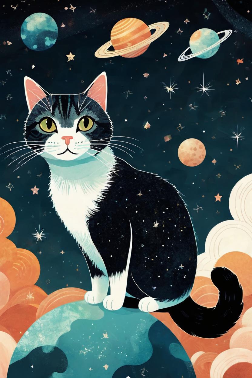 Artificial Intelligence (AI) generated image art, cat ((landscape)), floating whimsically in outer space, art deco, illustration