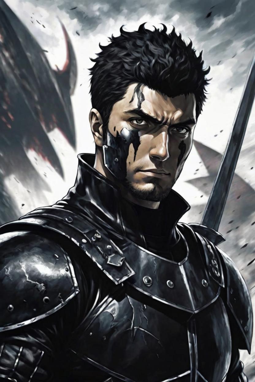 Artificial Intelligence (AI) generated image art, man in a black armored suit from the series berserk.