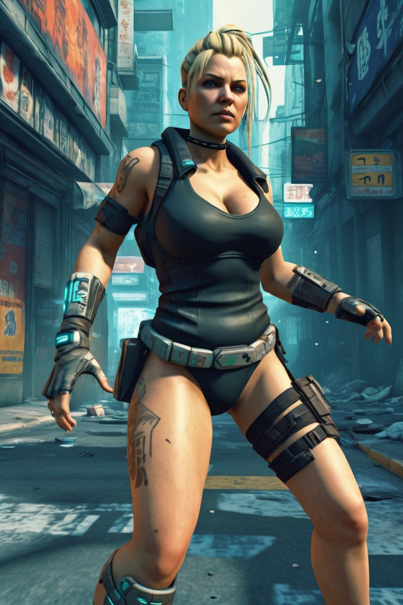 Artificial Intelligence (AI) generated image art, woman, dynamic fullbody view ((leave small empty area above the top of the head)), early 2000 low game graphics, 2000s playstation graphics artstyle, cyberpunk street background