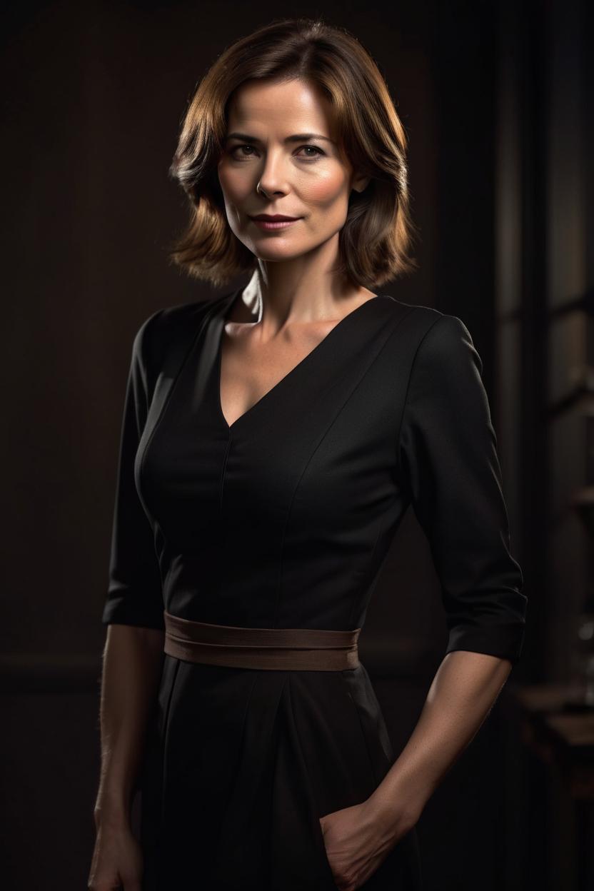 Artificial Intelligence (AI) generated image art, woman, handsome half-body representation of a beautiful woman, 35 years old, elegant posture, full body, medium-length brown hair, cinematic lighting, dramatic side light, dark uniform background, in an elegant black dress with a v-neck