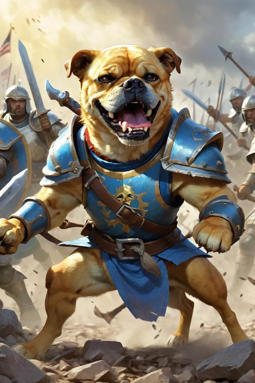 Artificial Intelligence (AI) generated image art, dog, as fantasy paladin, art by greg rutkowski, fighting enemies in battle, in front lines, angry