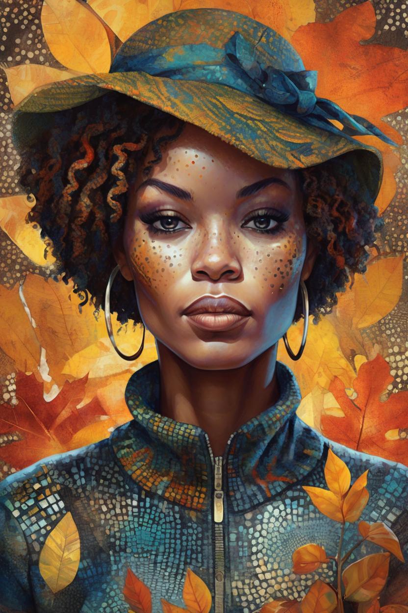 Artificial Intelligence (AI) generated image art, woman, fall inspired art, digital painting, in the style of sophie wilkins, irene sheri, naoto hattori, pointillist artworks, chic illustrations, lush brushstrokes, 1970s