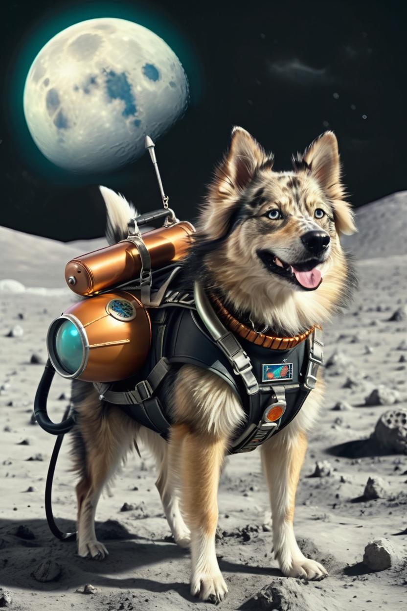 Artificial Intelligence (AI) generated image art, Dog on the moon with a little retro jet pack, retro future style Dashcartoon