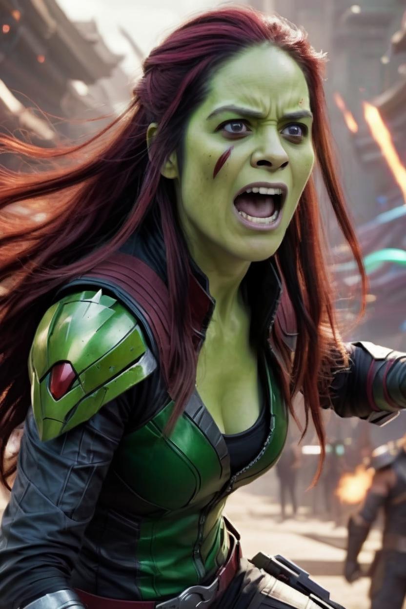 Artificial Intelligence (AI) generated image art, woman, as gamora in gardians of the galaxy, screaming a battlecry, sideway view, full body view