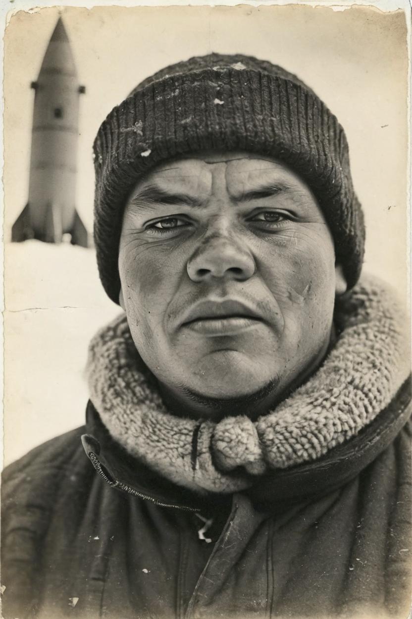 Artificial Intelligence (AI) generated image art, man wearing winter hat, ((portrait)) very old Antarctic expedition photo, 100-year old photo, b&w photo, cracks in photo, slightly damaged photo, vintage photo, Antarctic landscape, ((huge Space-x rocket standing far in the background))