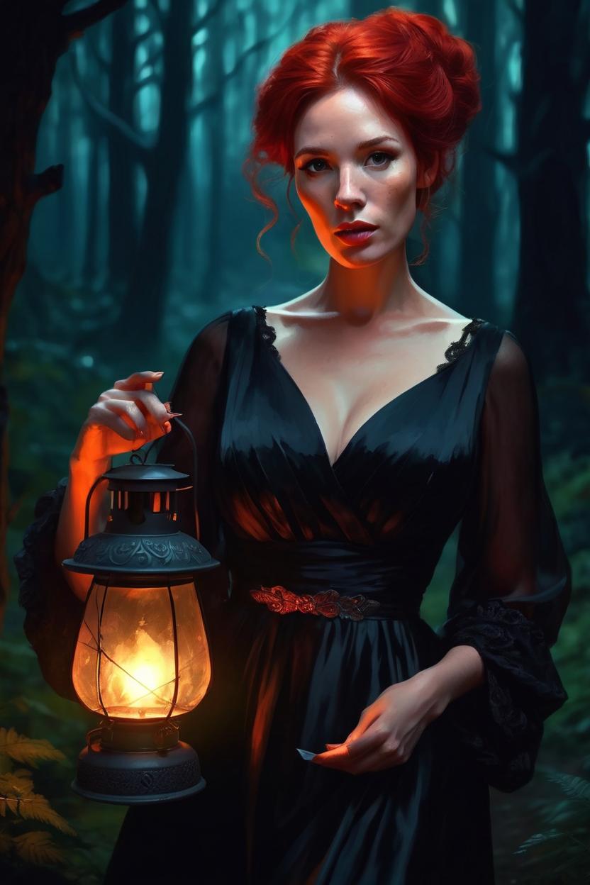 Artificial Intelligence (AI) generated image art, woman, ((portrait)), beautiful red hair, dressed in a black gown, highly detailed illustration, walking through a dark forest holding a lantern at midnight, deep focus, d & d, fantasy, intricate, elegant, highly detailed, digital painting, artstation, concept art, sunset, matte, sharp focus, pouty lips, ultrarealistic, shot in the style of Wes Anderson, Mysterious and seductive atmosphere