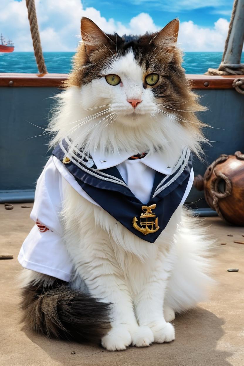 Artificial Intelligence (AI) generated image art, cat, portrait (realistic and realistic head), sailor of the seas, ship related bakcground, captain of ship