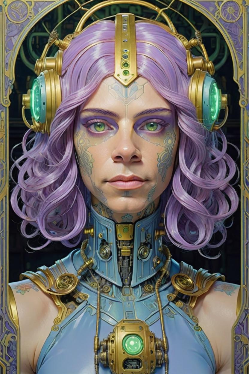 Artificial Intelligence (AI) generated image art, (woman), portrait, artwork by Ivan Bilibin, Art Nouveau, tarot, cyberpunk, lilac and blue android, cyborg, robotic, with mauve hair, green eyes, yellow irises, full body