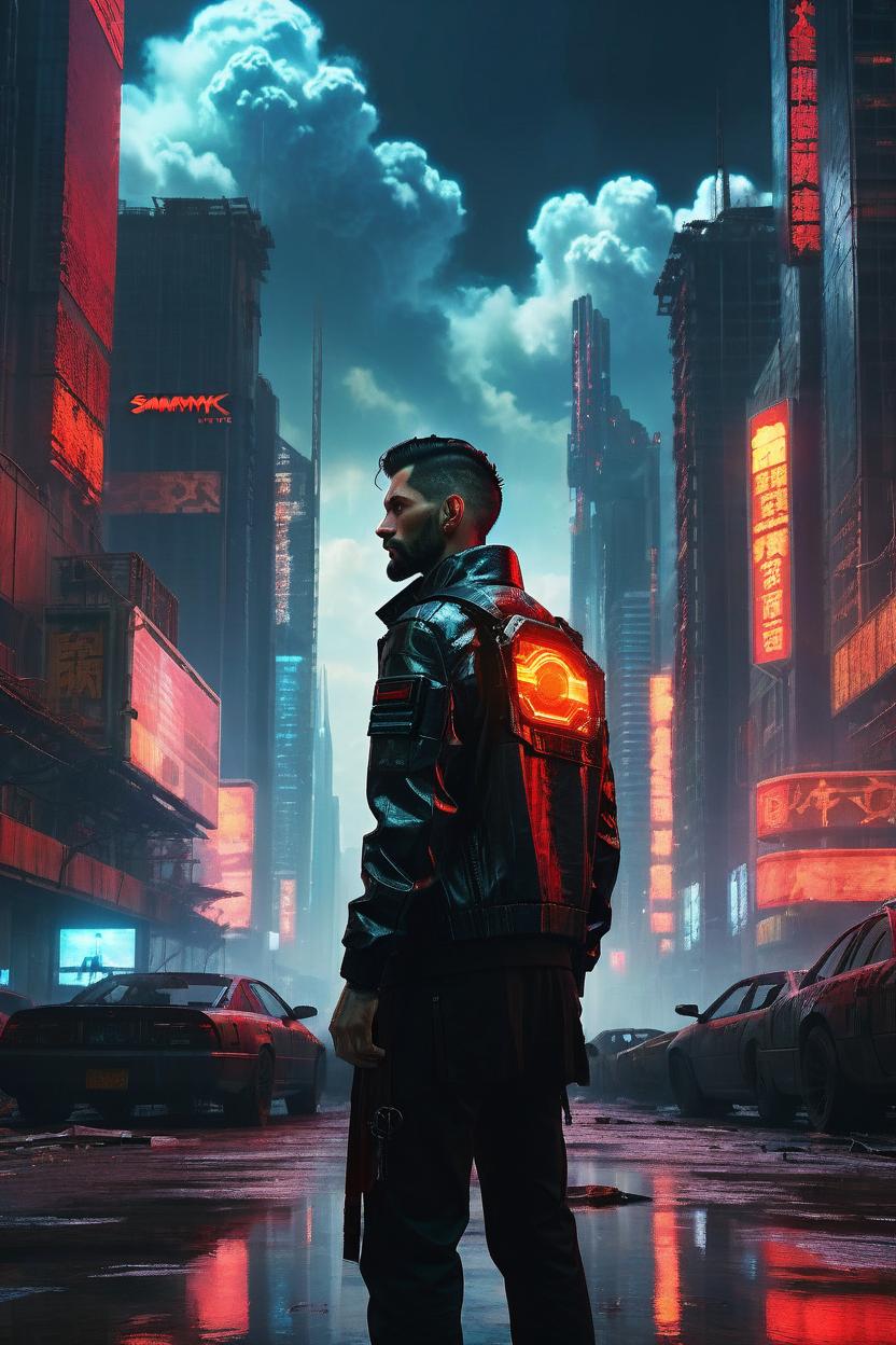 Artificial Intelligence (AI) generated image art, man,looking at a ((cyberpunk megacity built on a cloud)) in the distance, epic, cinematic lighting, portrait, scifi detective colthes, cinematic lighting, red sun