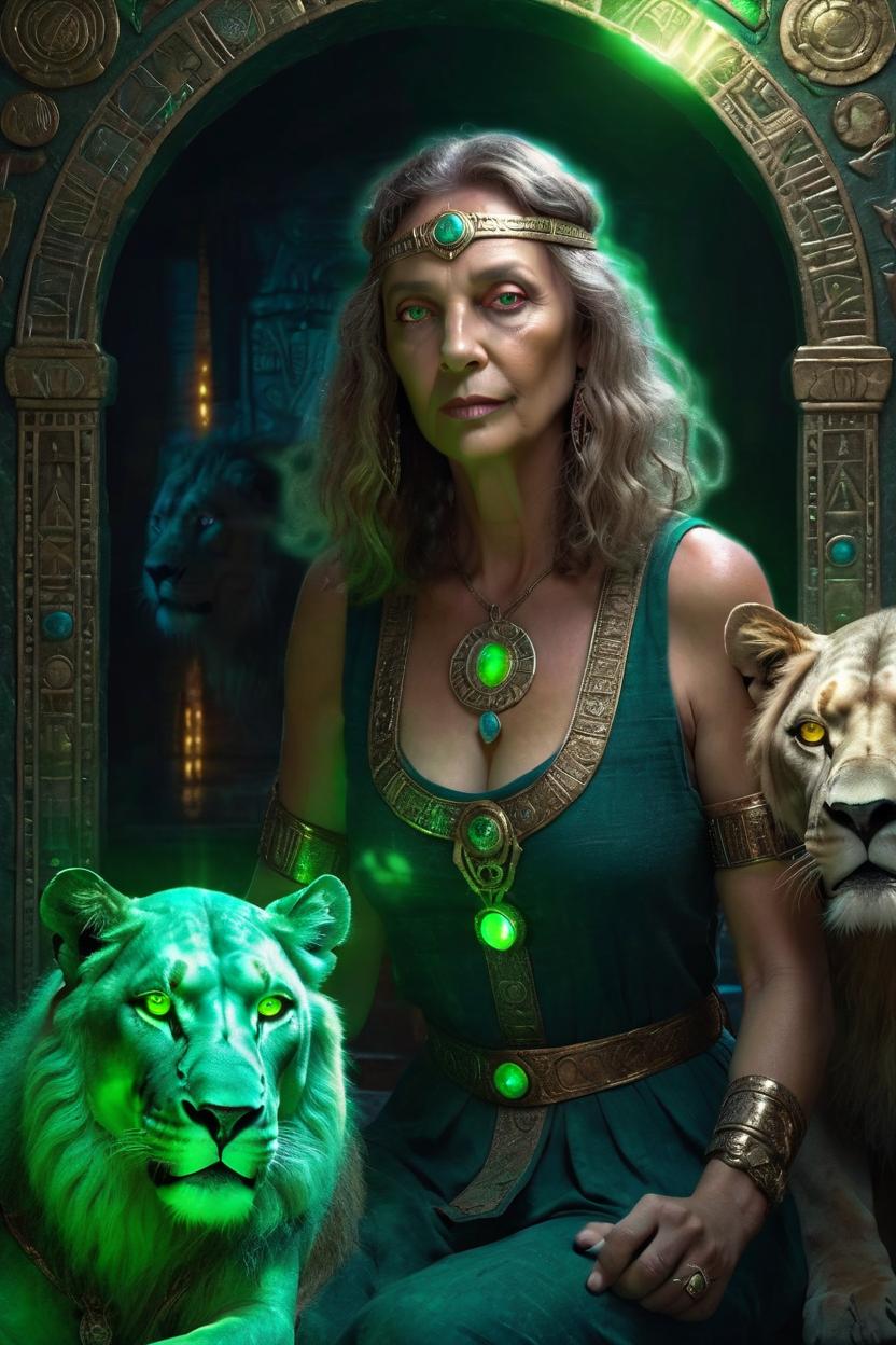 Artificial Intelligence (AI) generated image art, woman, as a medieval goddess with two lions in the tarot card strength, Young, mysterious, Egyptian neon glow colors, metal, silver, highly intricate details, green eyes, 3d, cgi, realistic light, glowing eyes, ultra realistic details, pose, portrait, fantasy atmosphere, global illumination, shadows, octane render, 8 k,"